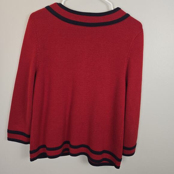 Talbots Red Knit Schoolgirl Preppy Navy Trim Fitted Cardigan Sweater Y2K L Pet - Picture 7 of 7